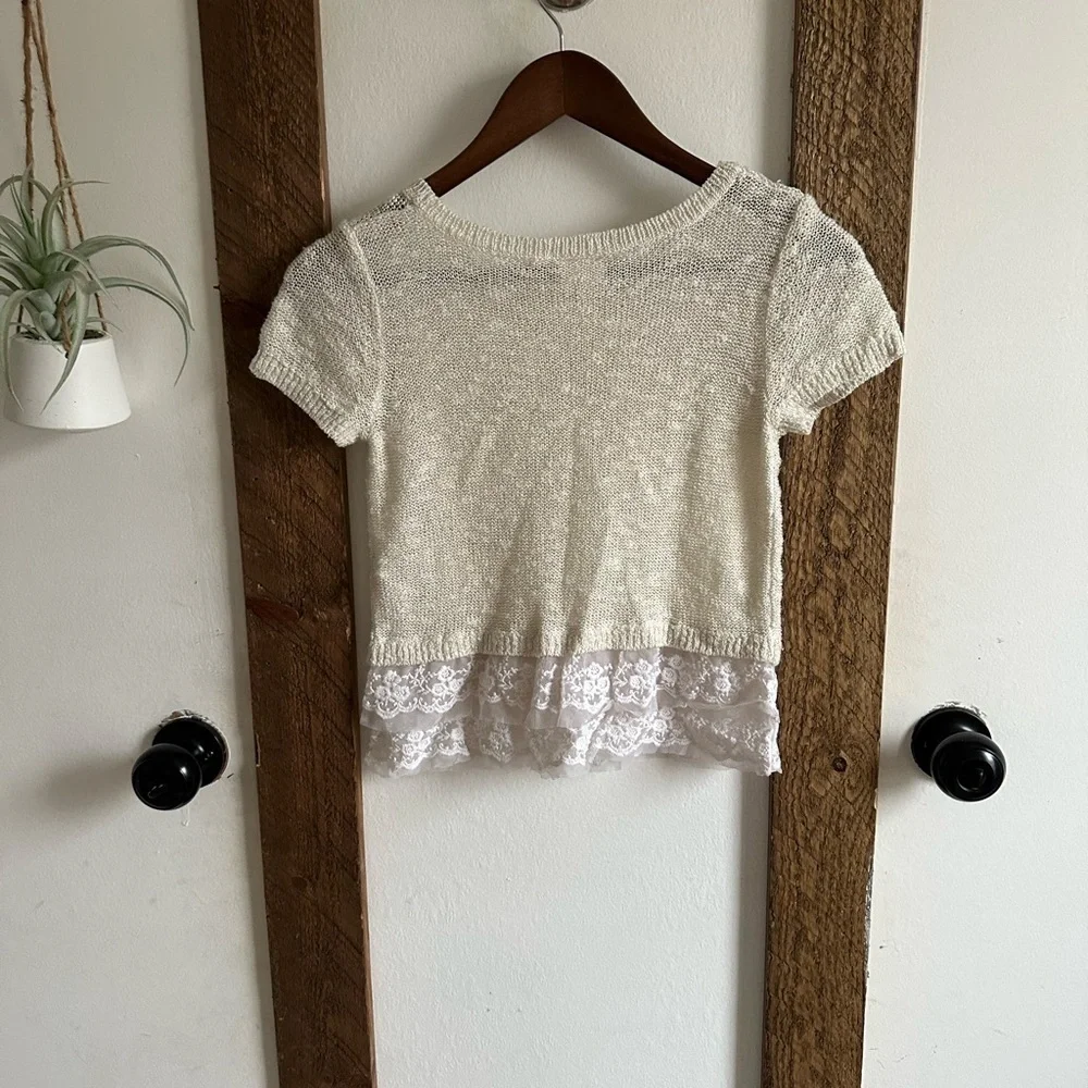 Justice Girls Short Sleeve Sweater Blouse Lace Tulle Bottom Size 12 Like New